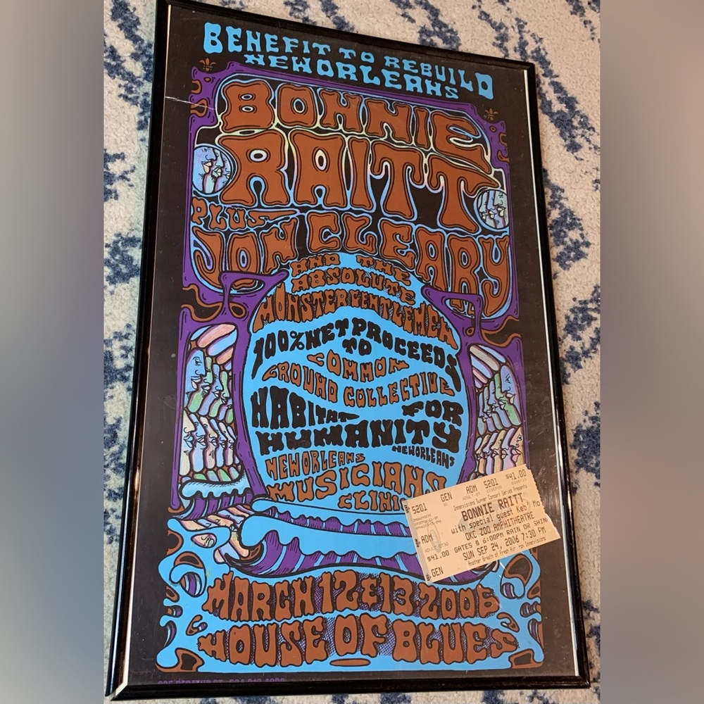 Bonnie Raitt poster Benefit To Rebuild New Orleans & ticket stub OKC concert